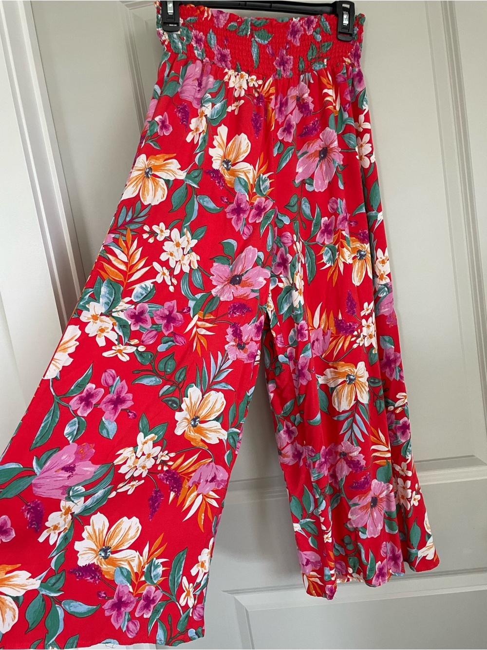 Cynthia Rowley Red Tropical Floral Wide Leg Pants | Smocked Waist | Size M